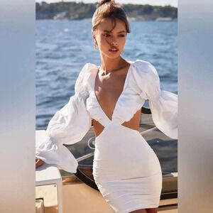 NWOT Alamour The Label Miliani White Cotton Cutout Puff Sleeve Mini Dress XS